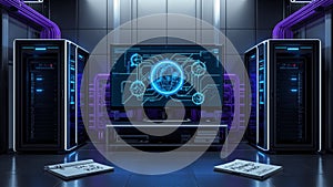 Data Center Operations with Global Connectivity: Server Racks and Digital Network Visualization